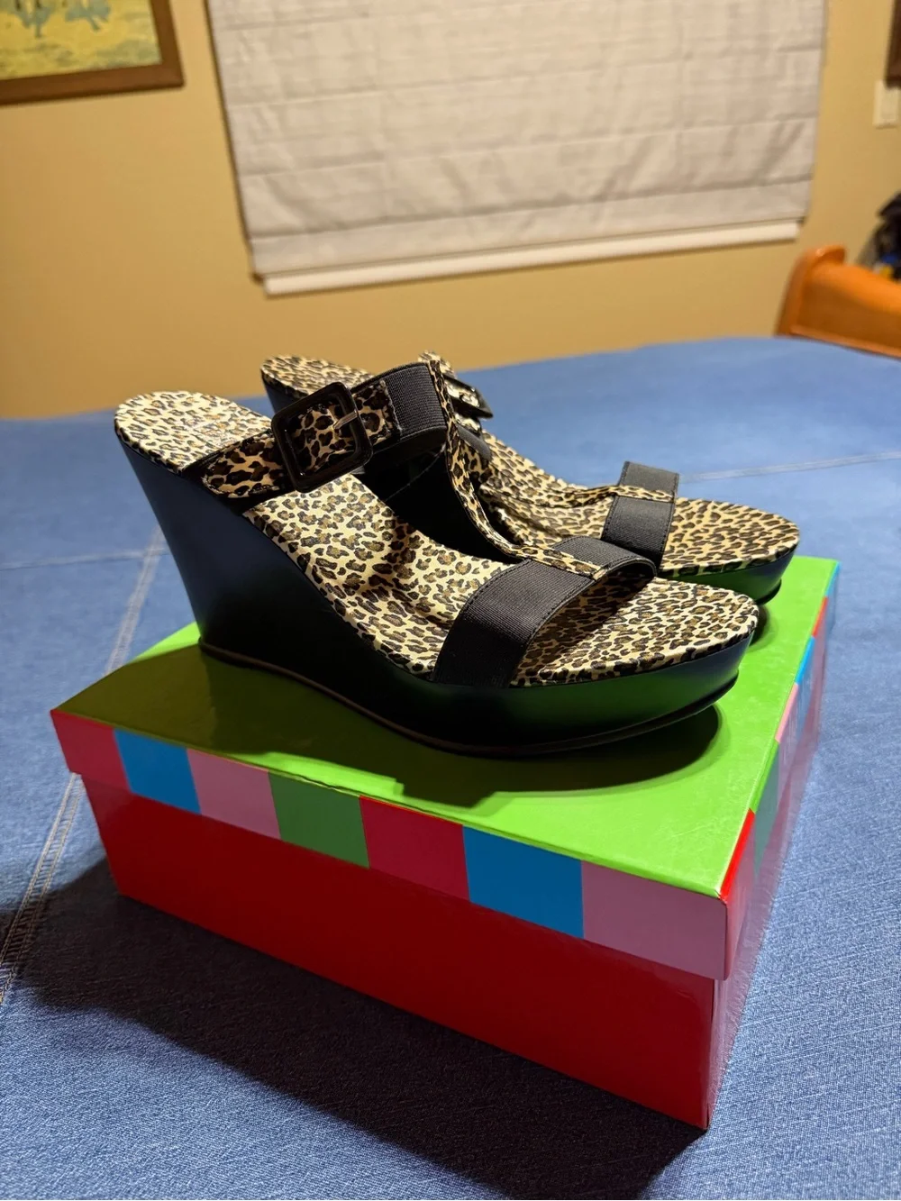 Charles David Black Wedge Sandals with Leopard Insole
